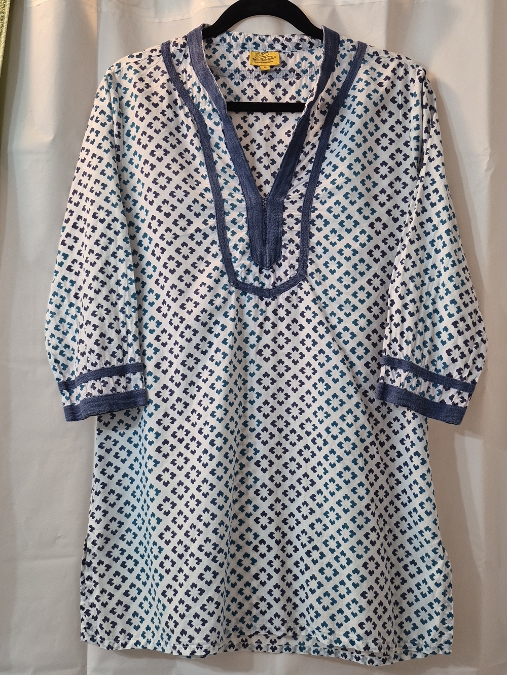 Roberta Roller Rabbit Cotton Kurta Blue Geometric Block Print Tunic Top Sz S